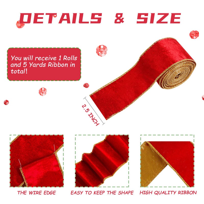 SIMISI RIBBON Red Wide Velvet Ribbon Wired for Christmas Tree  Garland  Wreath  2.5 Inch 5 Yards - Image 2